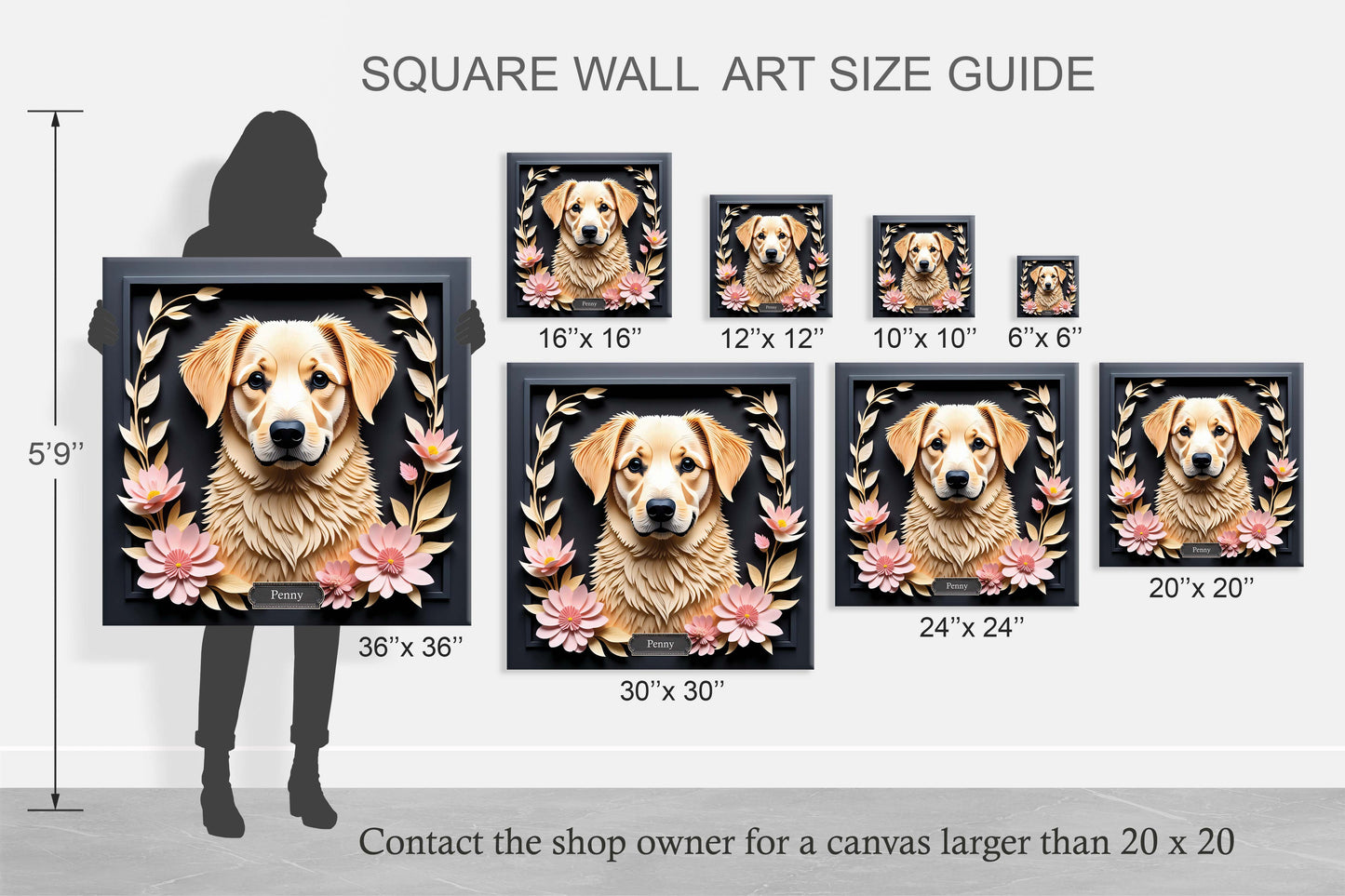 Yellow Labrador Memorial Portrait - Personalized Dog Name Canvas Print with Flowers - Custom Labrador Retriever Gift for Dog Mom or Breeder