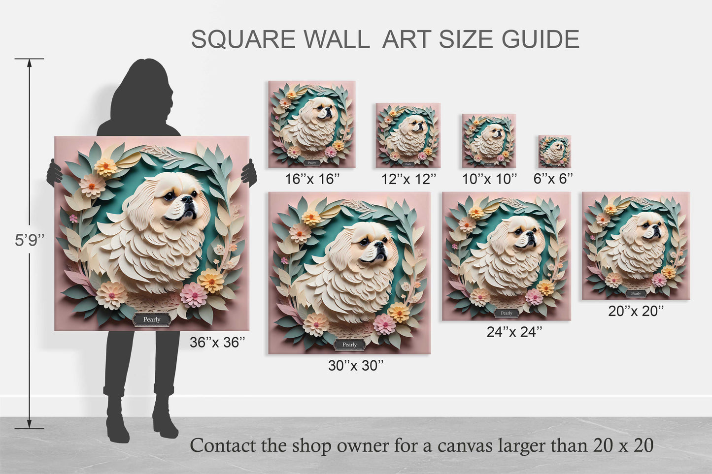 White Pekingese Floral Wall Art -  Pekingese Dog Memorial Gift or Decor