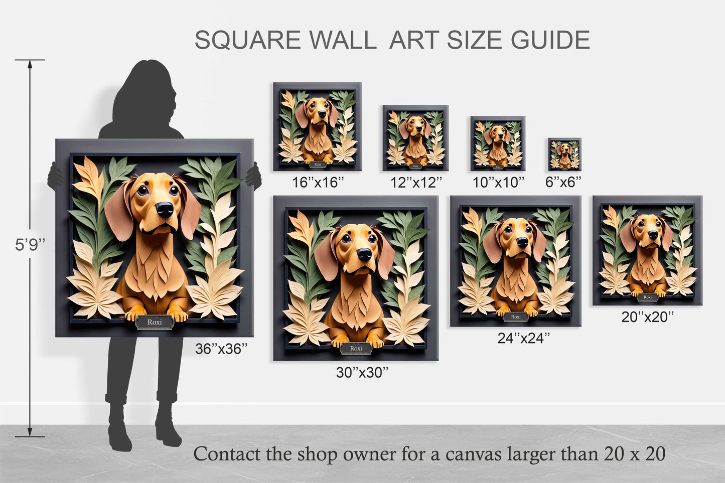 Brown Dachshund Floral Frame Wall Art -  3D Illusion Dog Portrait Canvas