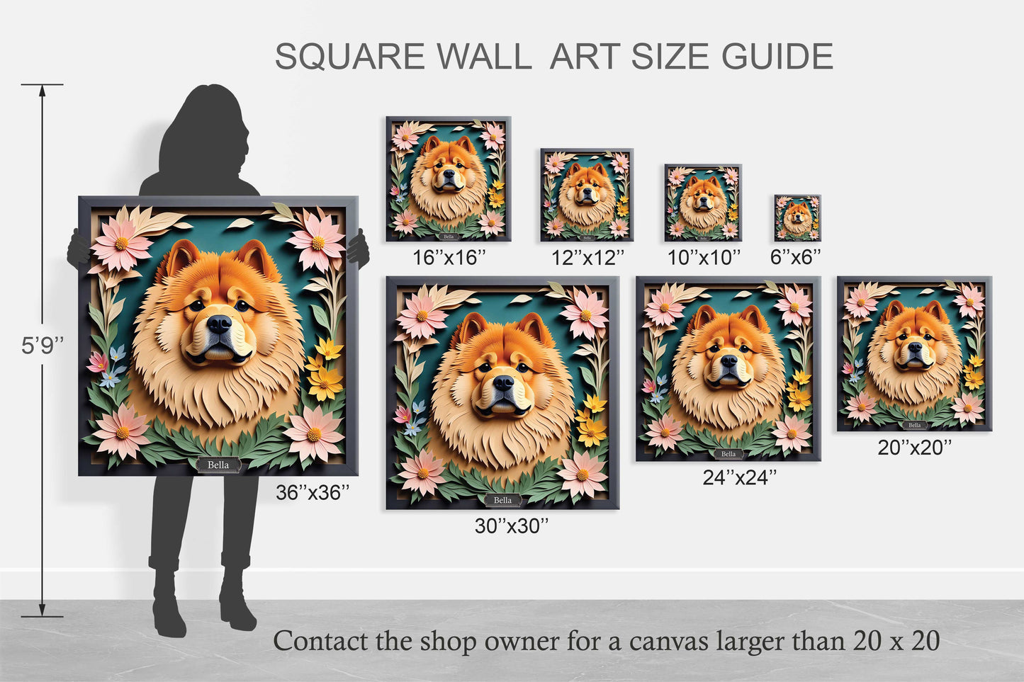 Chow Chow Floral Canvas -  Personalized Dog Name 3D Illusion Dog Decor