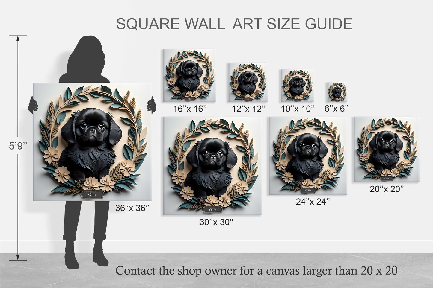 Black Pekingese in a Wreath Canvas Wrap -  Pekingese Dog Memorial Gift or Decor