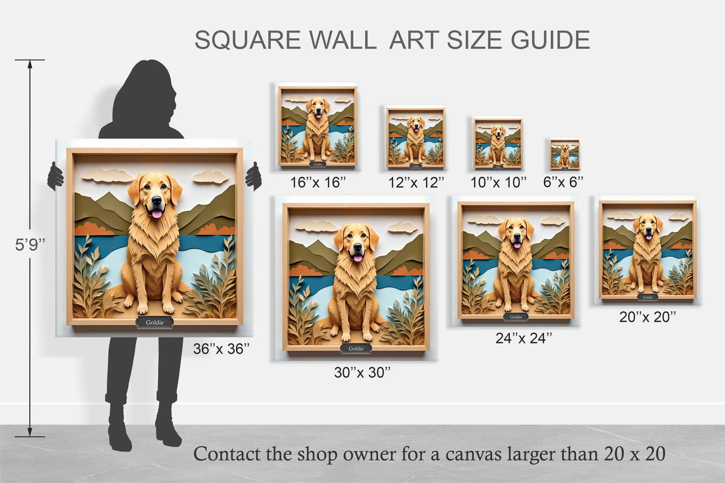 Golden Retriever Lake Wall Art with Custom Dog Name - Mountain Scene Personalized Pet Portrait