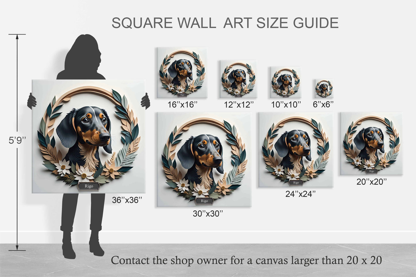 Black Dachshund Leaf Wreath Wall Art - Custom Pet Name Artwork