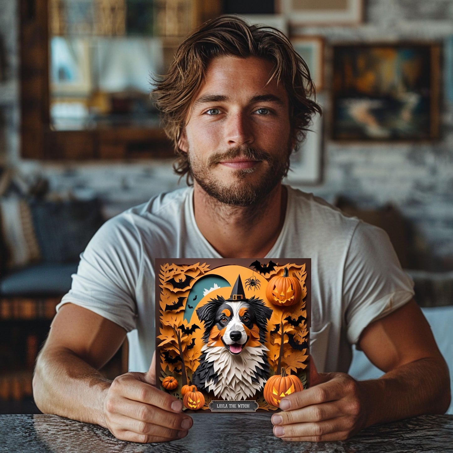 Australian Shepherd in Witch Hat - Personalized Halloween Canvas Print