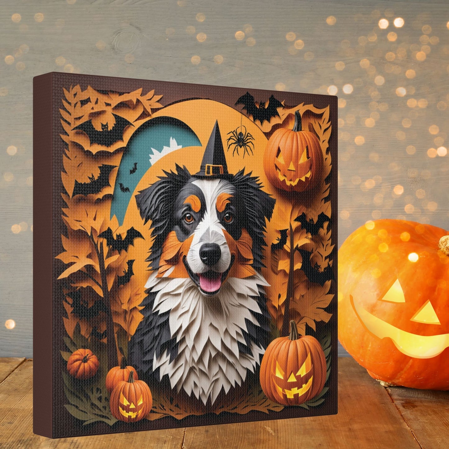 Australian Shepherd in Witch Hat - Personalized Halloween Canvas Print