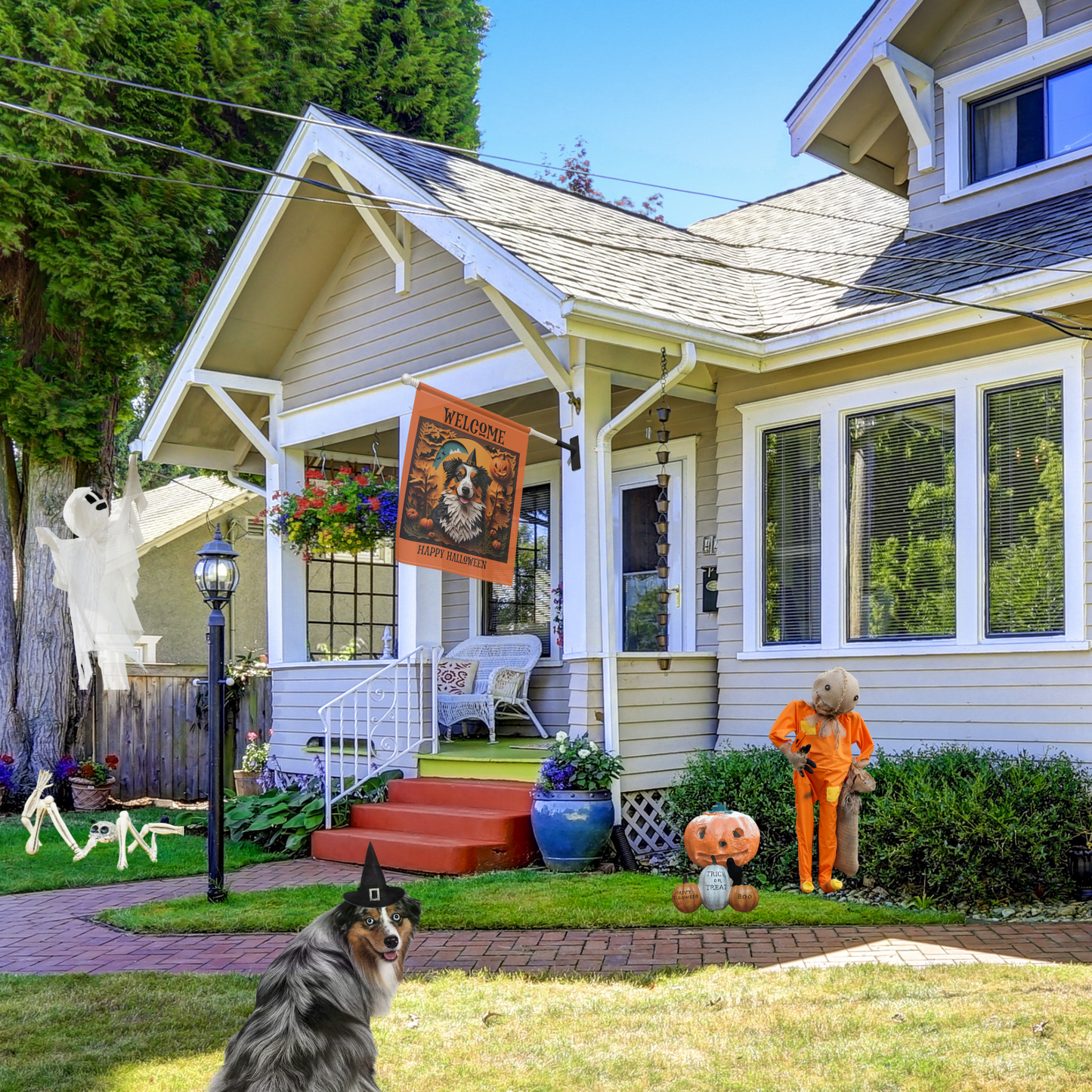 Aussie Halloween Garden Flag, Two-Sided Halloween Flag for Australian Shepherd Owner