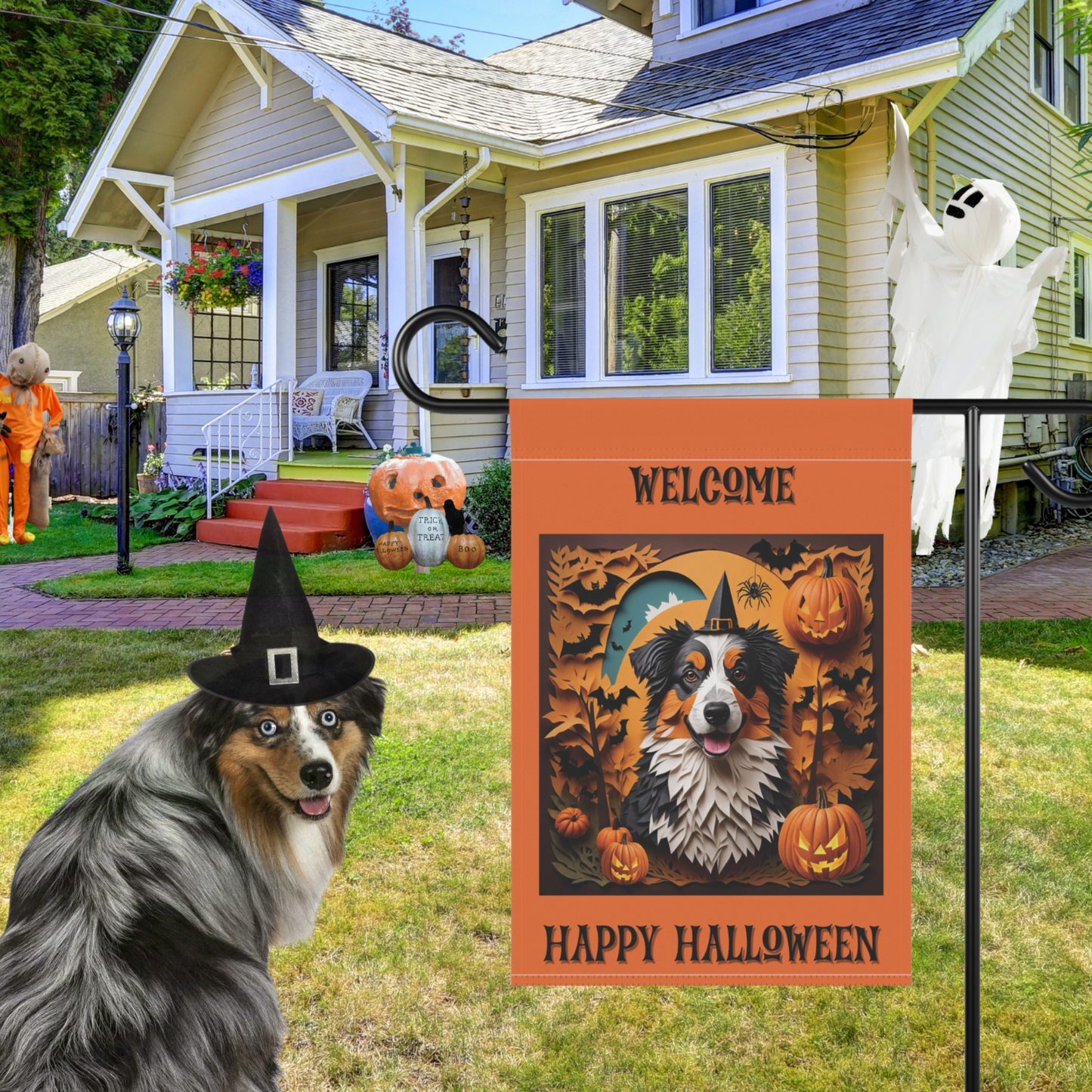 Aussie Halloween Garden Flag, Two-Sided Halloween Flag for Australian Shepherd Owner