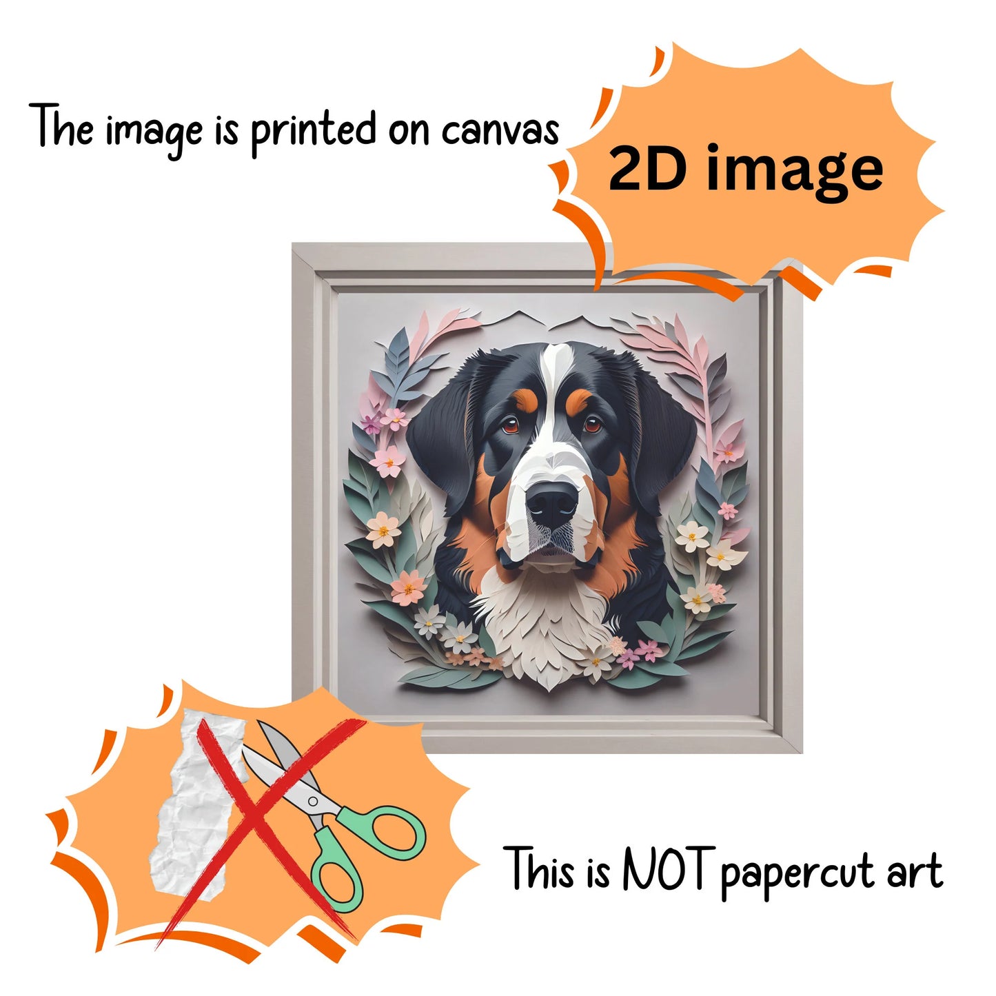 Floral Haven Bernese Mountain Dog - Papercut Imitation Canvas Print for Modern Home