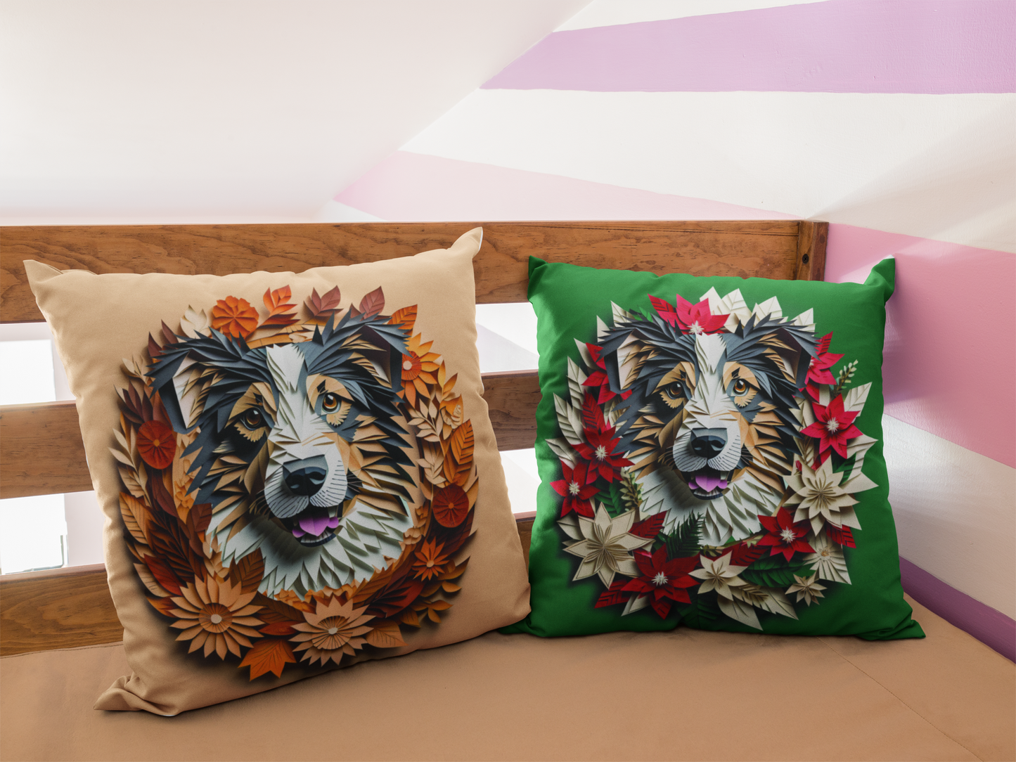 Australian Shepherd Holiday Pillow or Pillowcase, Thanksgiving and Christmas Reversible Square Pillow or Pillowcase